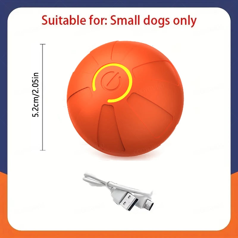 SmartRoll dog ball, orange with yellow power light and charging cable shown