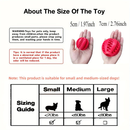 Red chew feeder ball toy held in a hand with size guide and warning icons