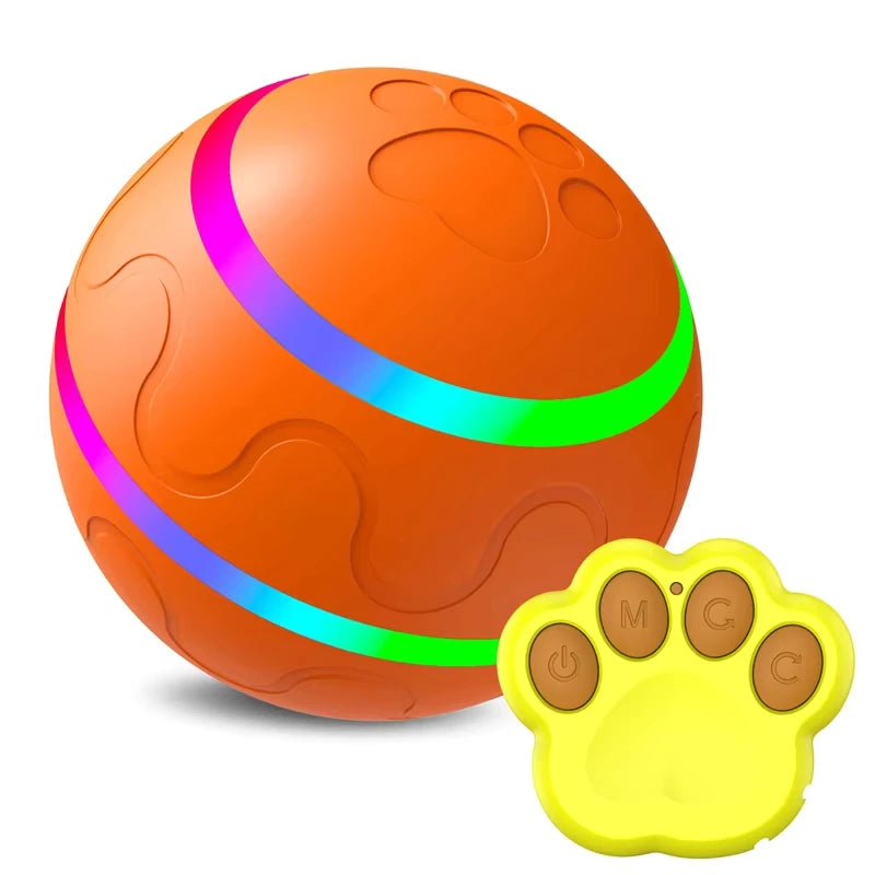 Orange smart interactive dog ball with multicolor LED stripe and paw-shaped remote