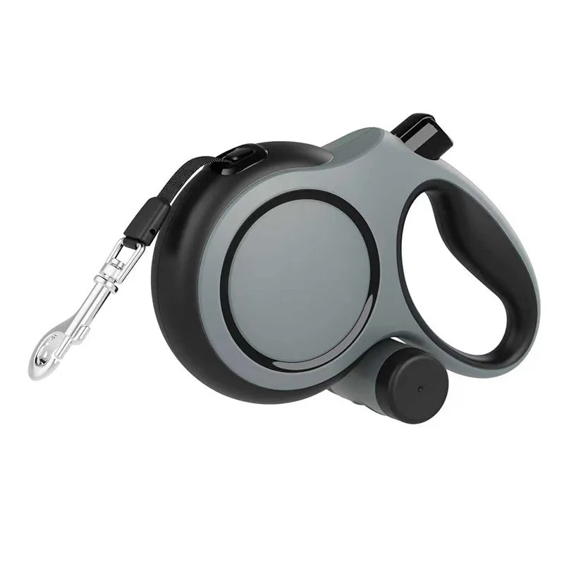 Retractable dog leash reel, gray and black housing with silver metal clip and wrist strap