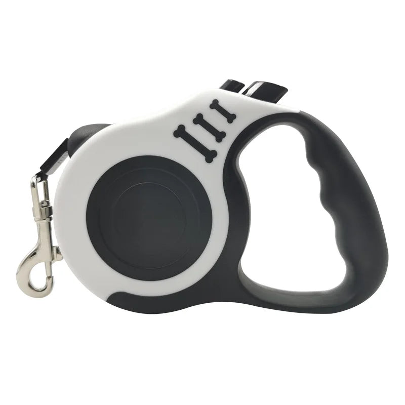Retractable dog leash reel, white and black with carabiner