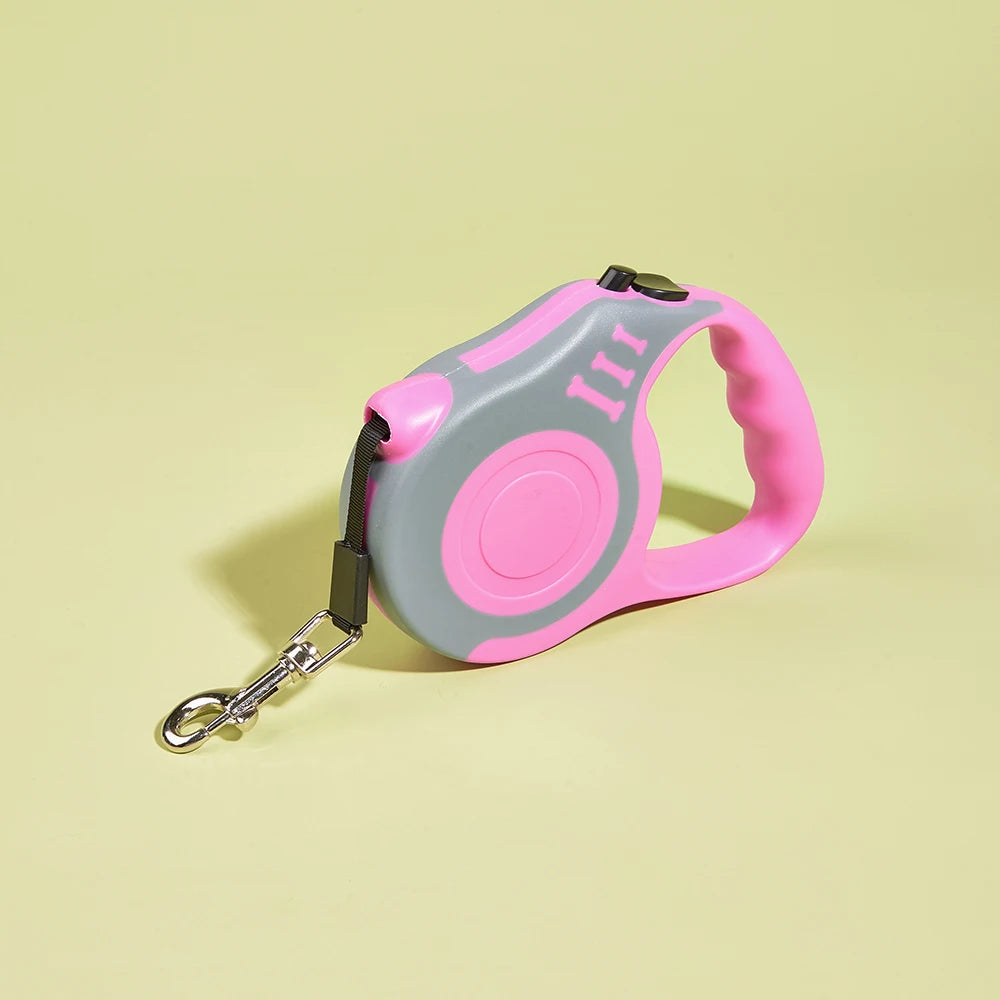 Retractable dog leash reel, pink and gray with carabiner keyring